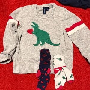 Janie and Jack Sweater with Green Dinosaur and Red Heart